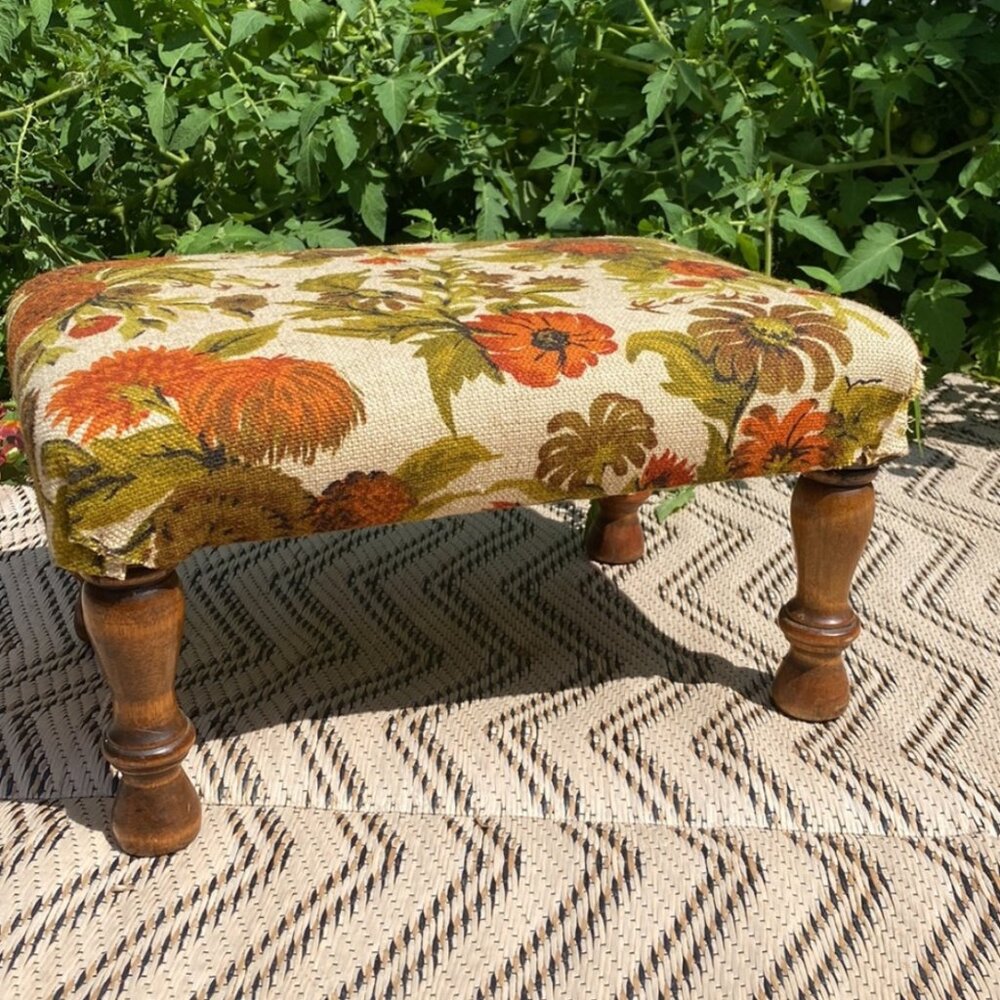 Vintage 1963 Handcrafted Floral Footstool Upholstered Wood Ottoman Stool MCM